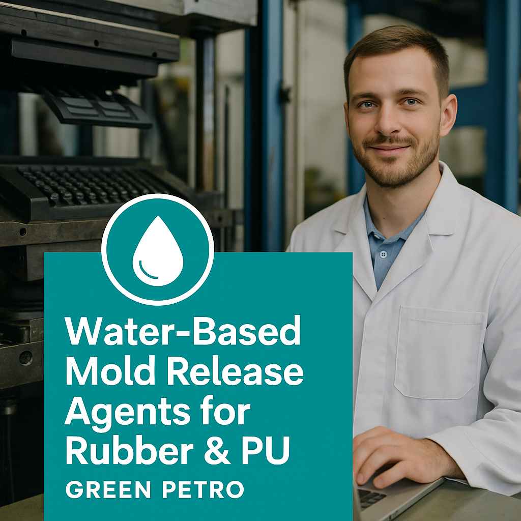 Technician with molding machine promoting Green Petro’s water-based mold release agents for rubber and PU applications