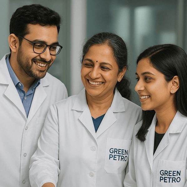 Green Petro R&D Team Collaboration in Lab R&D team of three Indian scientists wearing GREEN PETRO lab coats smiling and discussing in a modern laboratory setting