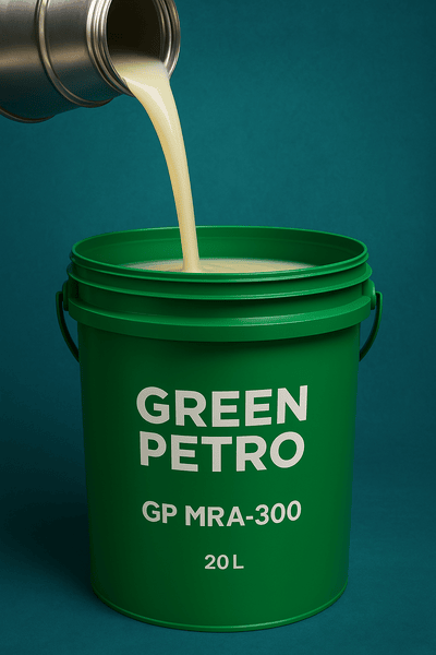 GP MRA-300 Mold Release Agent Packaging by Green Petro Silicone-based mold release agent being poured into a branded 20L Green Petro drum labeled GP MRA-300