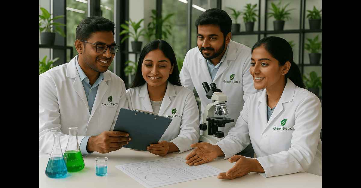 Eco-friendly mold release agent manufacturer team collaborating in a modern laboratory at Green Petro™