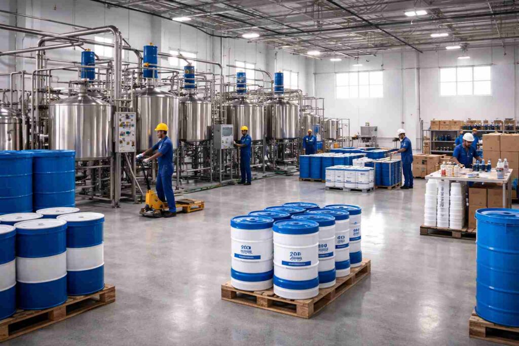 Industrial chemical manufacturing plant with stainless steel mixing tanks and packaging area in Faridabad, India