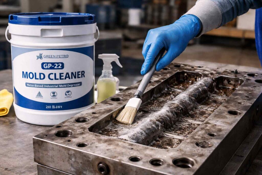 Technician applying mold cleaner on rubber mold surface using brush during industrial maintenance 